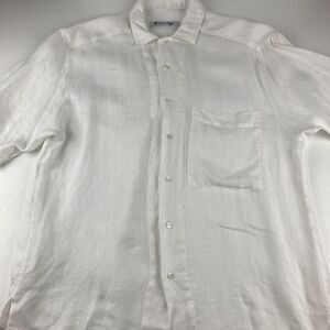 Andrew Fezza Men M White 100% Linen Shirt Short Sleeve Button Up Pocket